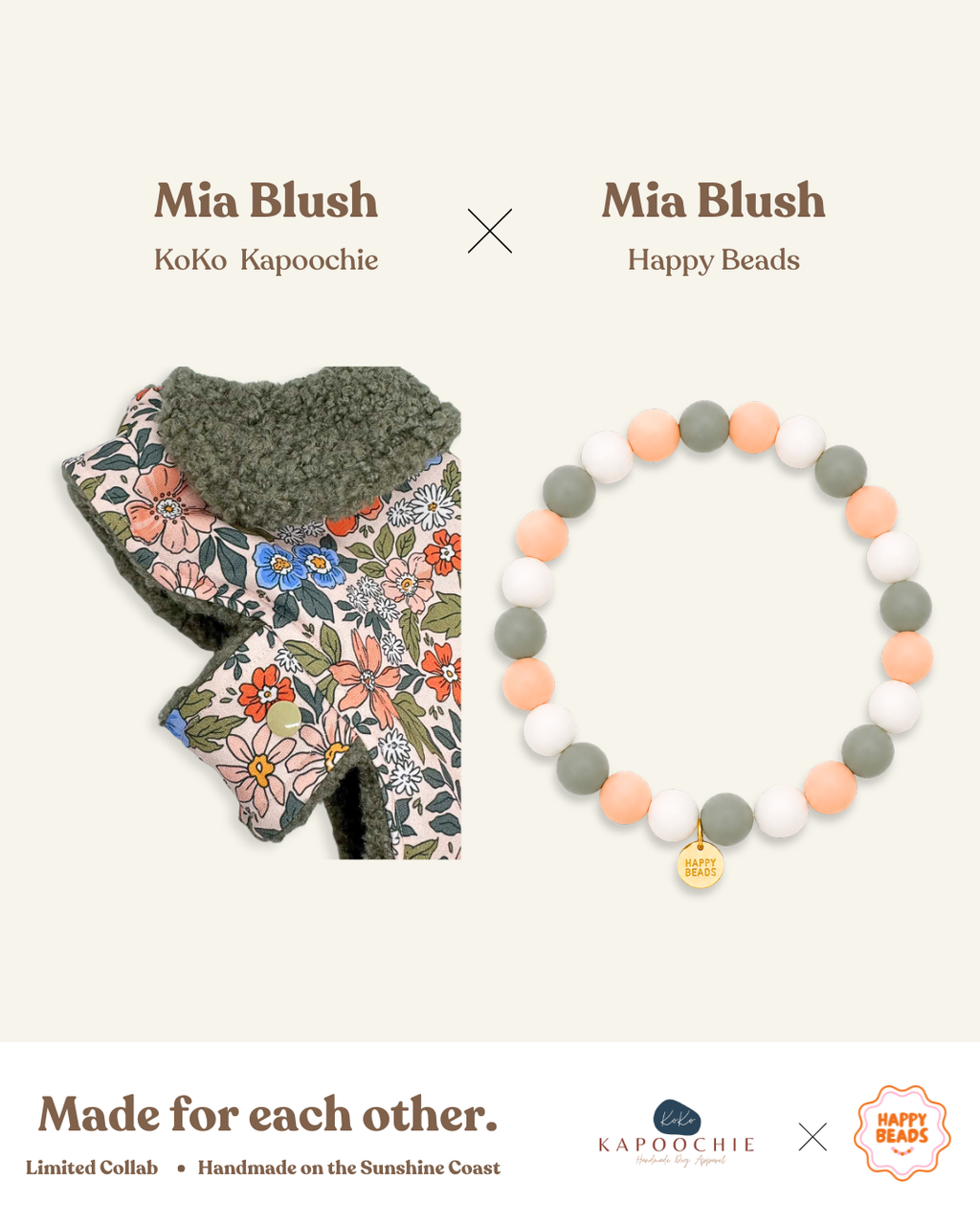 Handmade Mia Blush dog necklace with colorful silicone beads, designed for small dog accessories by Happy Beads.