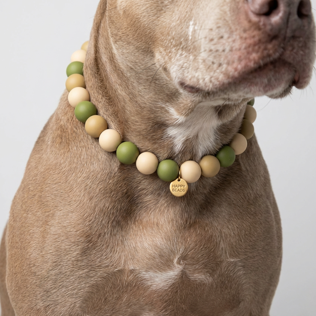 Close-up of Forest Buddy dog necklace by Happy Beads, featuring handmade silicone beads on a durable pet collar.