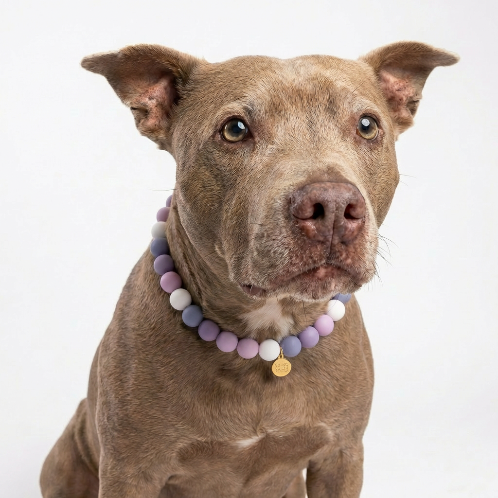 Lavender Fog Handmade Silicone Beads Dog Necklace by Happy Beads, featuring soft lavender-colored beads on a durable collar.