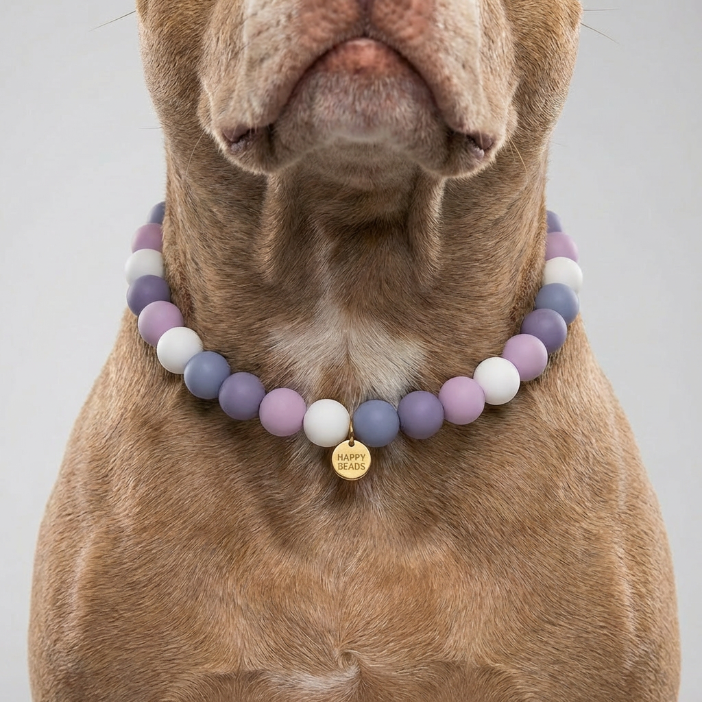 Close-up of Lavender Fog handmade silicone beaded dog necklace by Happy Beads, featuring soft lavender and grey tones.