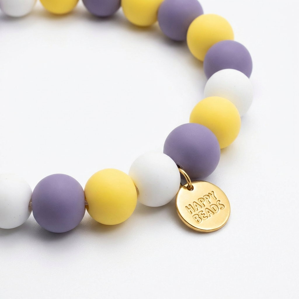 Handmade Lemon Lilac Dog Necklace by Happy Beads featuring colorful silicone beads on a dog collar.