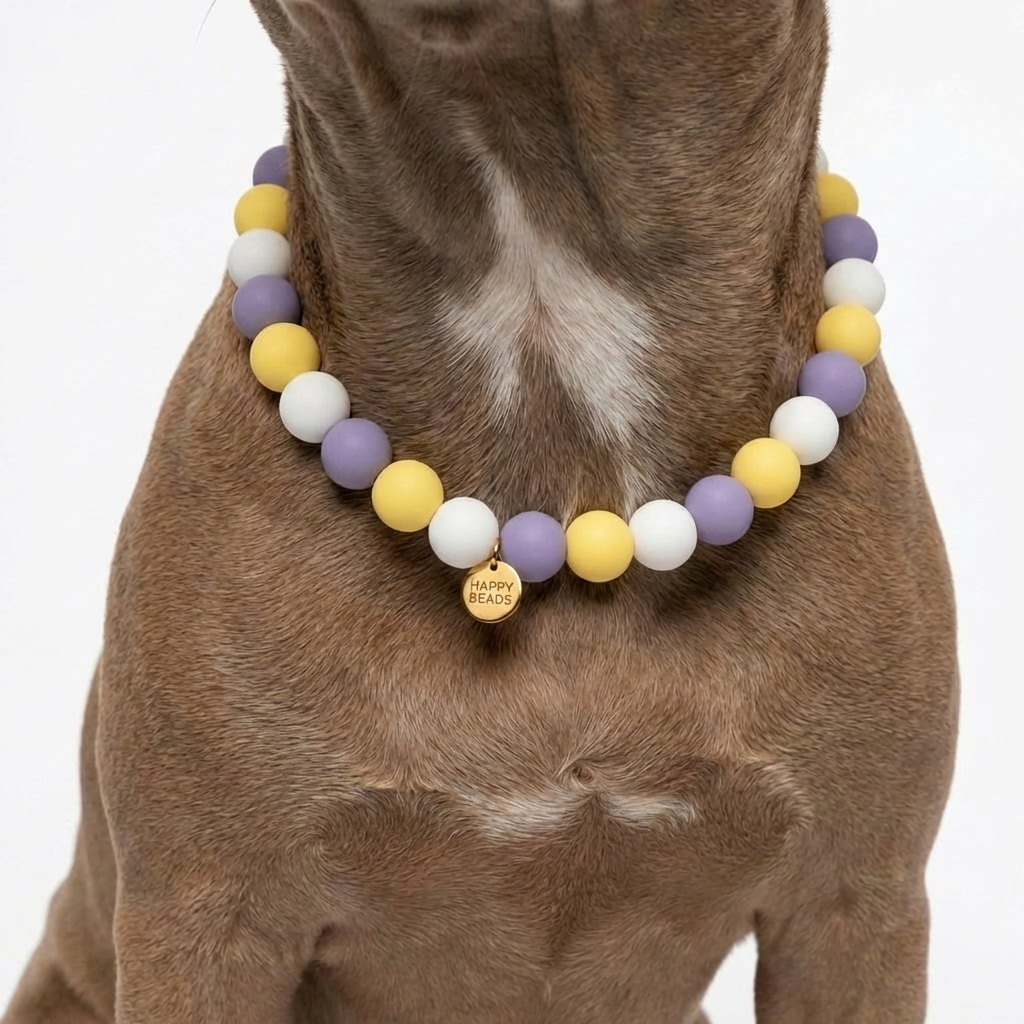 Close-up of Lemon Lilac handmade silicone beads dog necklace by Happy Beads, showcasing colorful, flexible jewelry for pets.