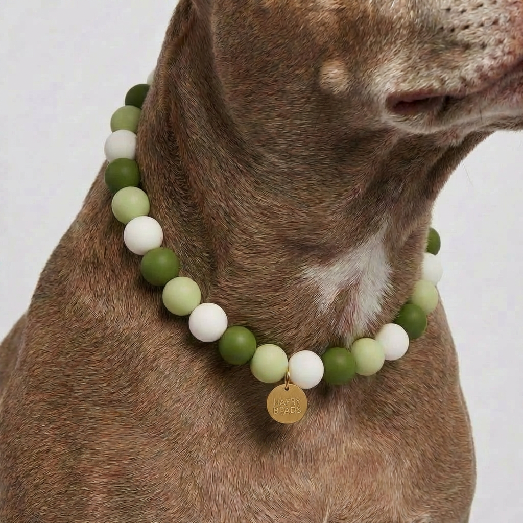 Close-up of Matcha Walk Dog Necklace by Happy Beads, handmade silicone bead dog collar with green and beige beads.