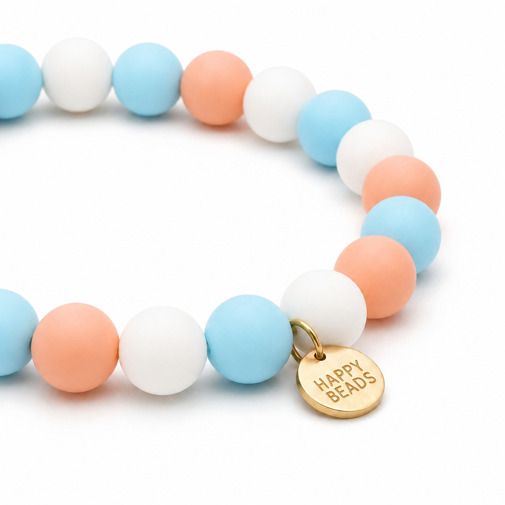Close-up of the Mia Blue Handmade Silicone Beads Dog Necklace by Happy Beads, showcasing vibrant blue beads and secure clasp.