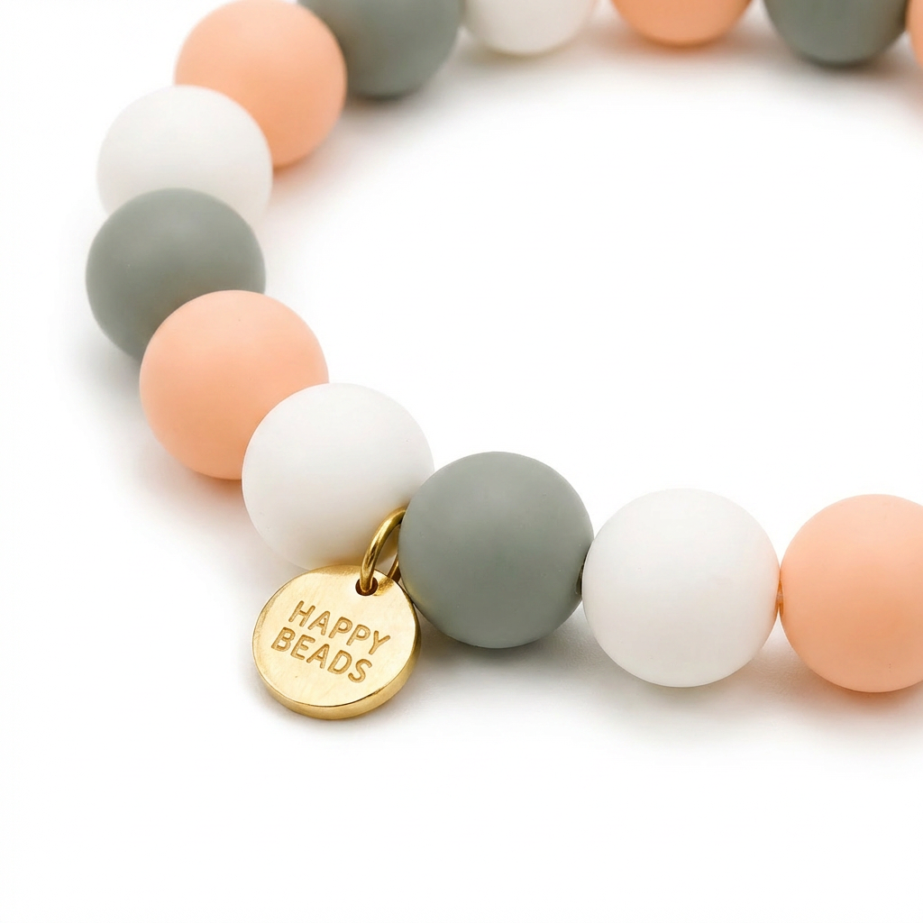 Close-up of Mia Blush handmade silicone bead dog necklace by Happy Beads, featuring soft pink beads designed for dogs.