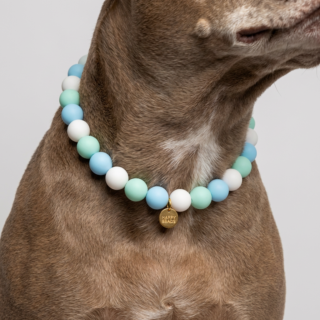 Close-up of Mint Breeze dog necklace featuring handmade silicone beads by Happy Beads, designed for stylish pets.