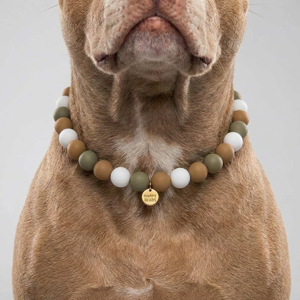 Close-up of Olive Latte dog necklace by Happy Beads featuring handmade silicone beads on a sleek dog accessory.