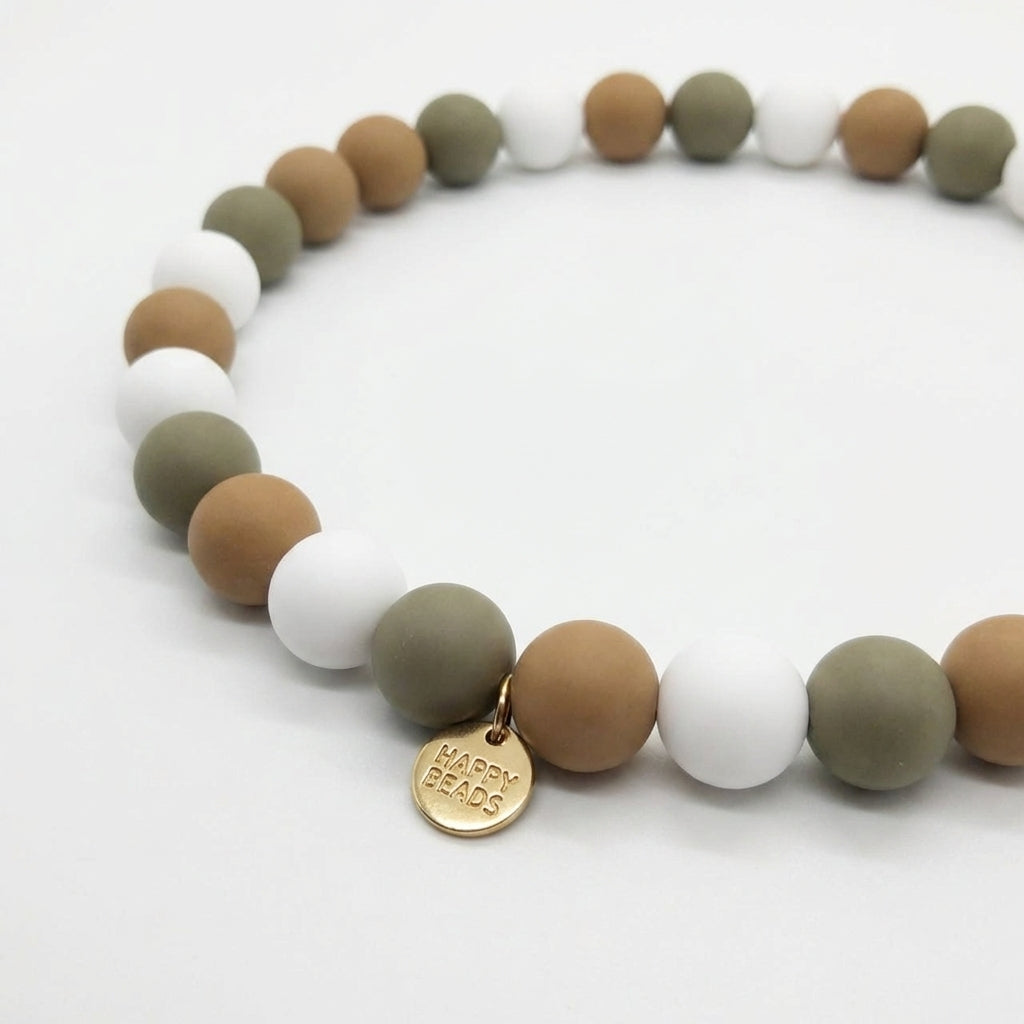 Close-up of Olive Latte handmade silicone bead dog necklace by Happy Beads, featuring olive and latte-colored beads for pets.