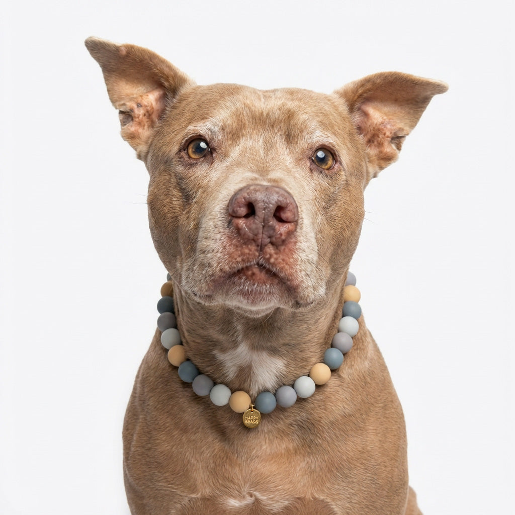 Handmade Smoky Pebble Dog Necklace made of silicone beads, designed for stylish and comfortable pet accessory by Happy Beads.