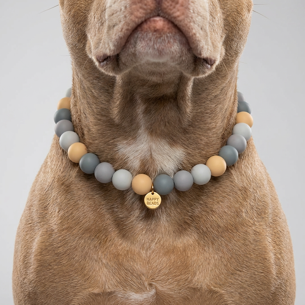 Close-up of Smoky Pebble Dog Necklace by Happy Beads, handmade silicone bead collar for dogs with a smoky gray design