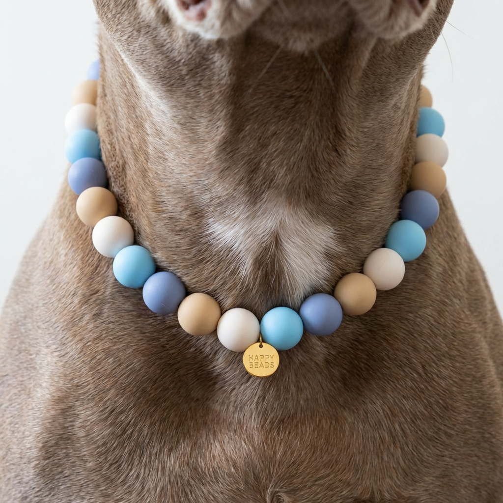 Close-up of Sunny Coast Dog Necklace by Happy Beads featuring colorful handmade silicone beads on a dog collar.