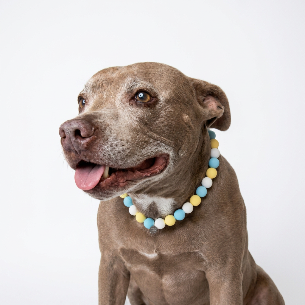 Sunny Sky Dog Necklace by Happy Beads featuring handmade silicone beads, colorful and stylish pet accessory for dogs.